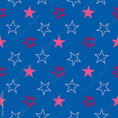 Seamless pattern with magical pink stars on dark blue backgound. Vector image.