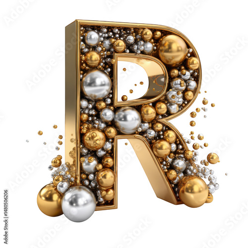 Letter r filled with spheres 3d isolated on transparent background