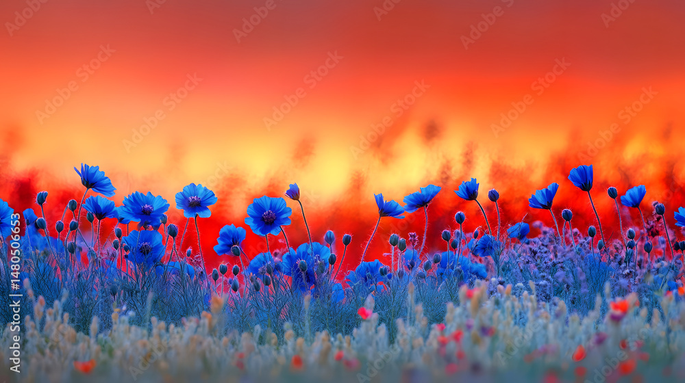 Obraz premium Vibrant sunset over a field of colorful flowers, showcasing blue and red blooms against a dramatic sky