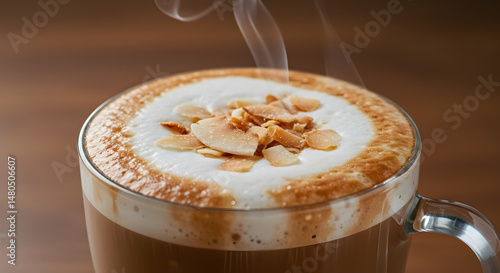 Elegant Coffee Drink Garnished With Roasted Coconut Flakes And Frothy Milk