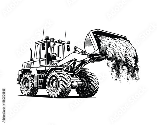 Bulldozer unloading soil pile, monochrome vector illustration.