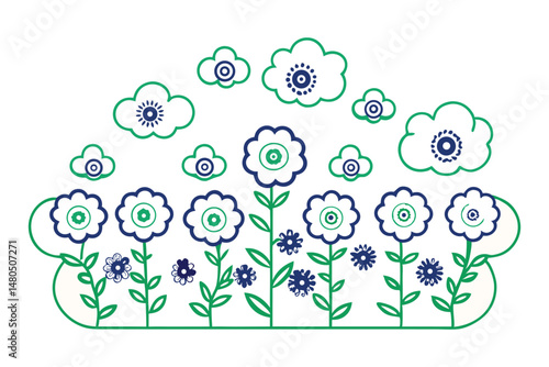 Rounded cloud-edged button-style flowers gently hovering with soft shadows