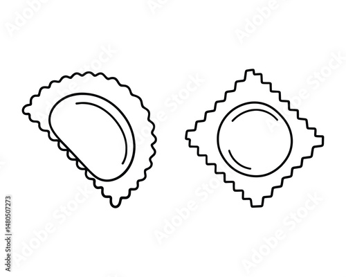 Illustration with dumpling and ravioli in outlined style, vector design.
