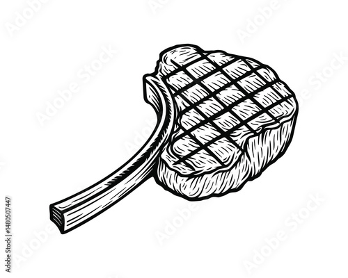 Monochrome vector of a grilled ribeye steak with bone, line art illustration.