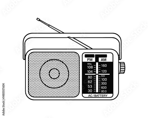 Portable radio line art illustration in black and white color.