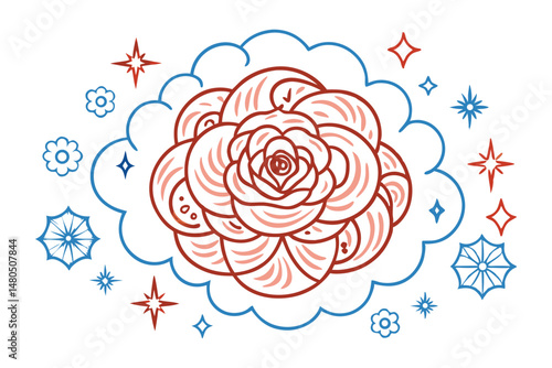 Rounded rose petals shaped like orbiting cloud wisps