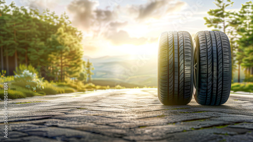 Wallpaper Mural Two car tires standing upright on a sunlit forest road, with a scenic natural landscape in the background. Torontodigital.ca