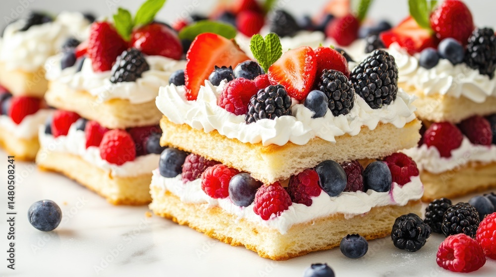 Bright fruit sandwiches filled with whipped cream and assorted berries on a white marble surface with pastel dishware Bright fruit sandwiches filled with whipped cream and assorted berries on a white marble surface with pastel dishware