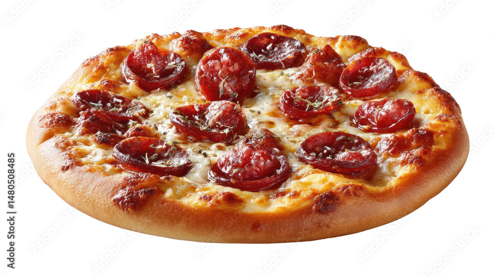 Pepperoni Pizza: A close-up shot of a freshly baked pepperoni pizza, showcasing its delicious blend of cheese, pepperoni, and crust, tempting viewers with its savory aroma and satisfying appearance. Pepperoni Pizza: A close-up shot of a freshly baked pepperoni pizza, showcasing its delicious blend of cheese, pepperoni, and crust, tempting viewers with its savory aroma and satisfying appearance.