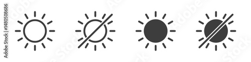 Sun and no Sun Icon. Sun and brightness control icons representing light adjustment, brightness, and display settings.