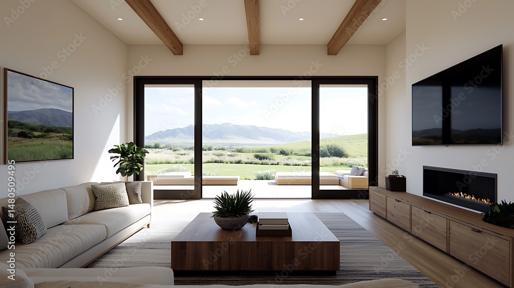 Fototapeta premium Spacious Living Area with Wooden Accents, Featuring a Mountain View Through Large Sliding Doors and Modern Furnishings.