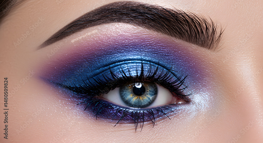 Naklejka premium Glamorous Close-Up of Blue and Purple Smokey Eye Makeup with Defined Eyebrows and Sparkling Finishing Touch