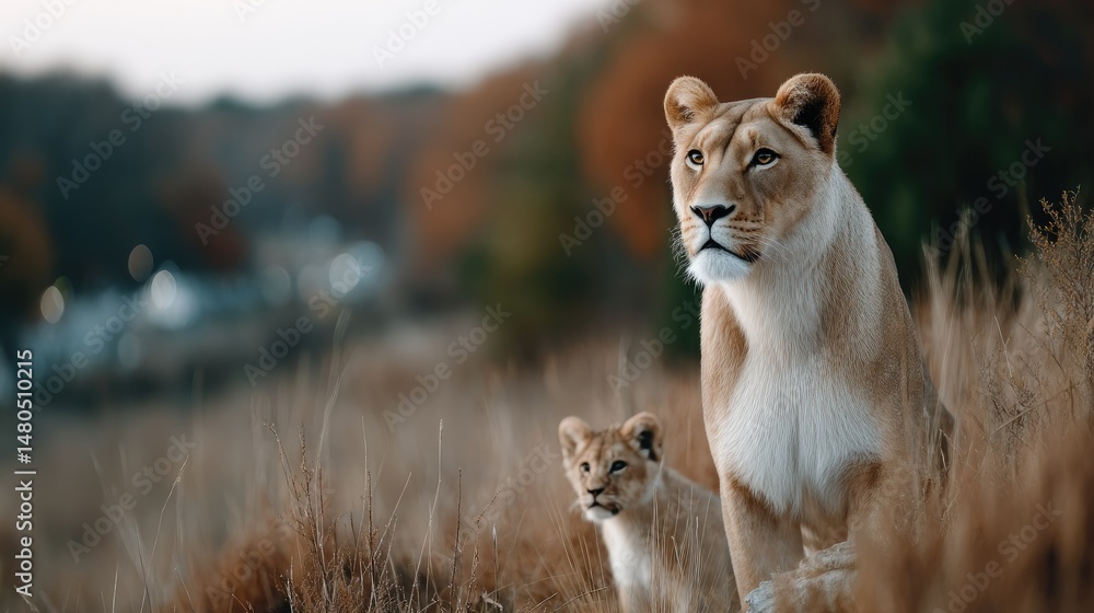 Obraz premium Lion and cub enjoying playful moments in the savannah during golden hour with soft, warm sunlight creating a cinematic atmosphere