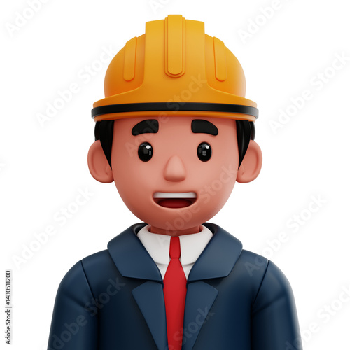 3D cartoon style avatar of a smiling male architect in a suit and hard hat. Isolated on transparent background