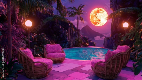 Tropical Poolside Serenity Under Blood Moon