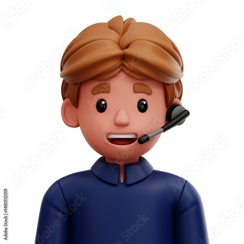 3D cartoon style avatar of a call center male operator with headset and formal wear.