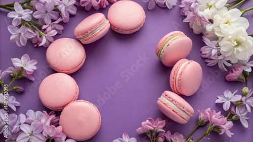 A delicate arrangement of pink macarons and blossoms on a purple background, creating a charming and elegant composition.