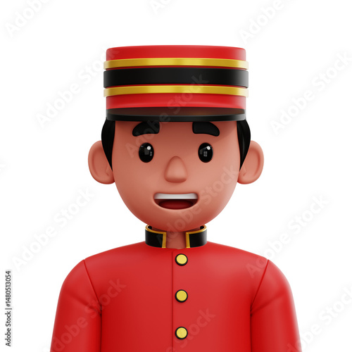 3D avatar of a hotel concierge wearing red uniform and cap. Cartoon style illustration.