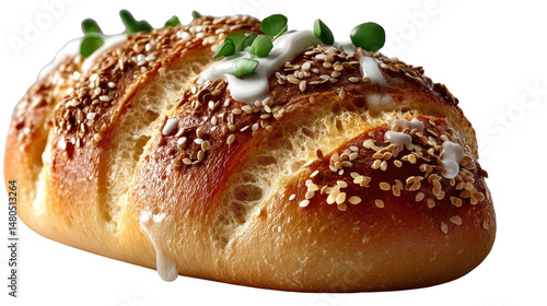 Artisan Bread Delight: A beautifully baked loaf of artisan bread, adorned with sesame seeds, delicate sprouts, and a drizzle, evokes warmth, and inviting. Perfect for culinary projects.
