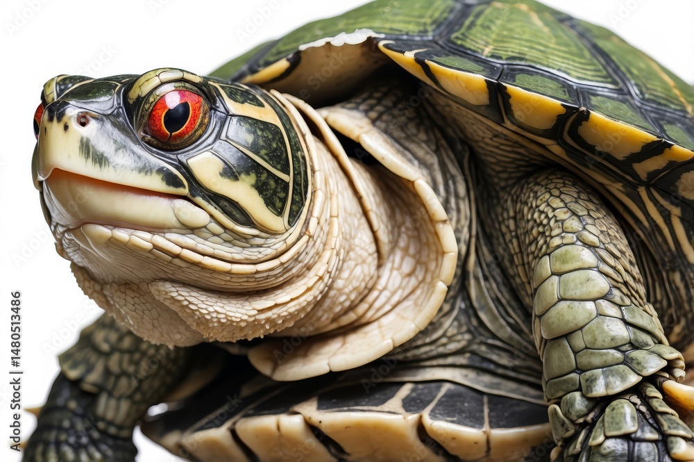 Naklejka premium Close-up of a turtle with vibrant green, yellow, and black shell markings, bright red eyes, and visible neck and head details against a white background