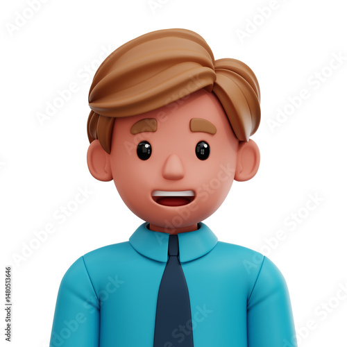 3D illustration of a generic office employee in blue uniform and neat haircut. Isolated cartoon style avatar.