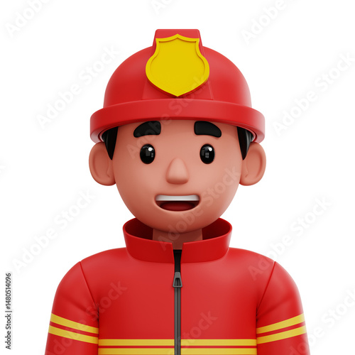 3D cartoon-style avatar of a male firefighter in red uniform and helmet. Heroic and approachable.