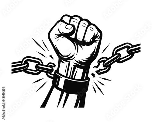 Fist raised breaking the chain, Vector illustration of Freedom.