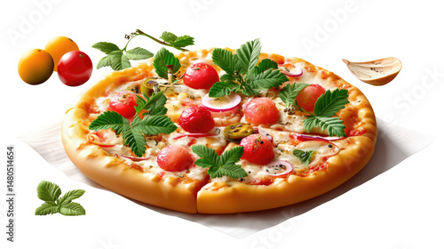 Delicious Cherry Tomato Pizza: A tempting whole pizza topped with succulent cherry tomatoes, fresh herbs, red onion and cheese, ready to be enjoyed.