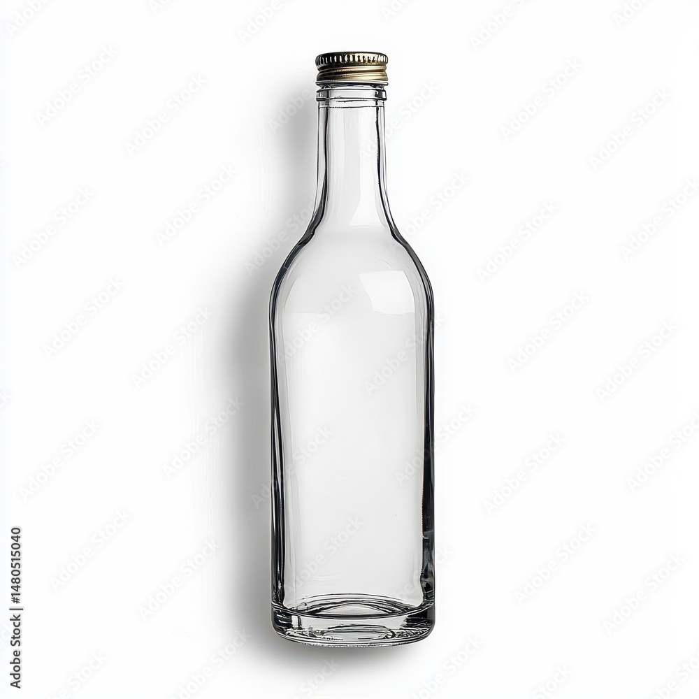 Clear Glass Bottle with Metallic Cap on White Background Clear Glass Bottle with Metallic Cap on White Background