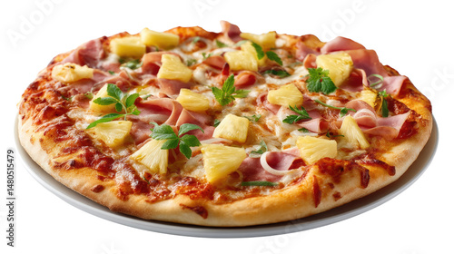 Golden Pizza: A tantalizing close-up of a mouthwatering pizza, loaded with sweet pineapple chunks, savory ham slices, and melted cheese, served on a pristine white plate. 