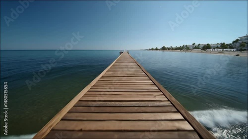 Wallpaper Mural Perspective view of a weathered wooden pier leading out over calm ocean water toward a distant beach on a sunny day Torontodigital.ca