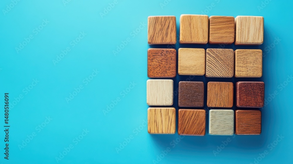 Obraz premium Wooden blocks connected together on a blue background. Teamwork concept.