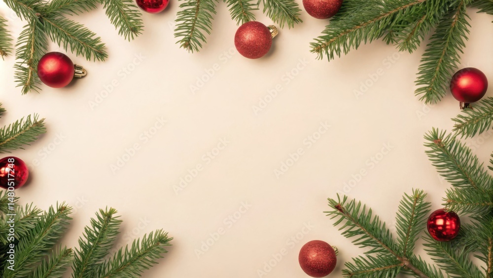 A Minimalist Christmas Border of Green Pine Branches and Red Ornaments on a Cream Background A Minimalist Christmas Border of Green Pine Branches and Red Ornaments on a Cream Background