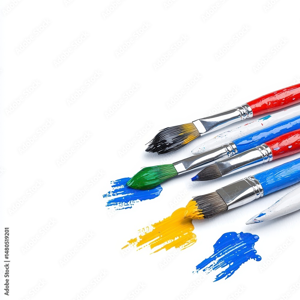 Obraz premium Colorful Paintbrushes and Paint Strokes on White Background