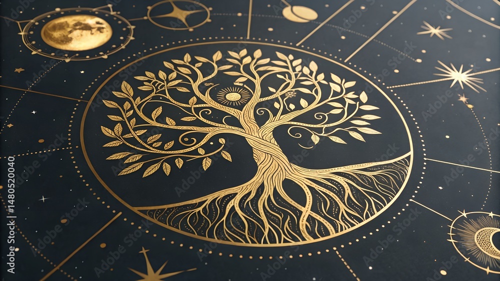 Elegant golden tree of life in celestial mandala with stars and cosmic elements design Elegant golden tree of life in celestial mandala with stars and cosmic elements design