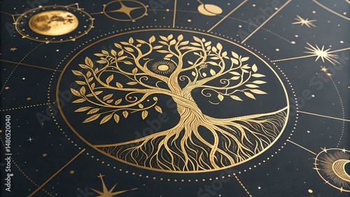 Elegant golden tree of life in celestial mandala with stars and cosmic elements design