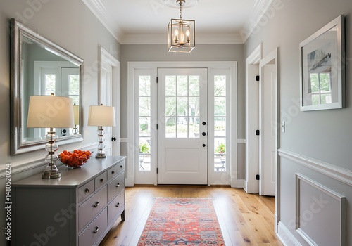 Entryway with console table, lamps, mirror, and front door in a home interior