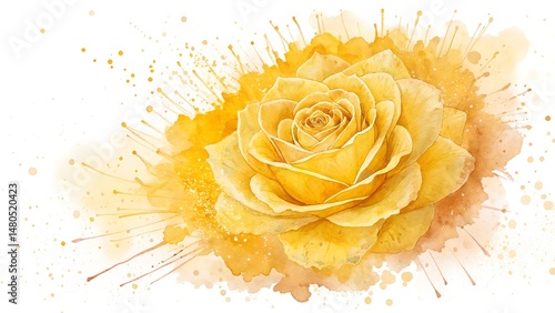 Elegant watercolor painting of a vibrant yellow rose with artistic paint splatter