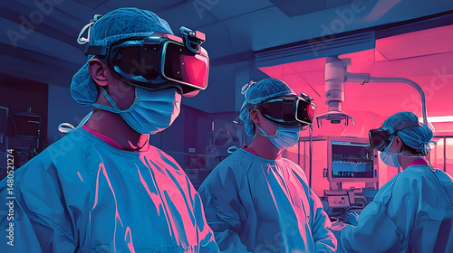 Surgeons in vr headsets working in a surgical suite.