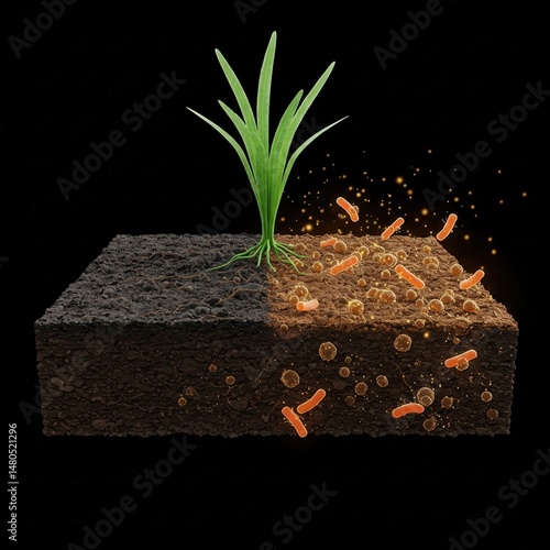 Healthy soil with beneficial microbes supporting green plant growth