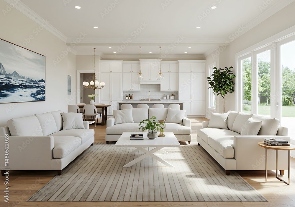 Bright living room with white sofas, rug, and open kitchen in a modern home