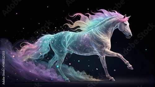 Magical and ethereal illustration of a running horse with colorful and radiant elements in space