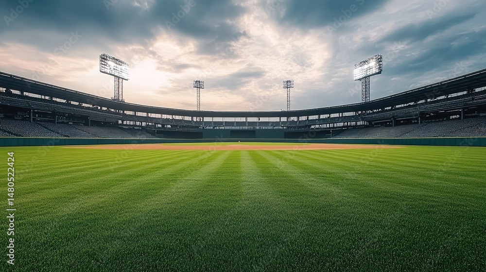 Fototapeta premium Empty Baseball Stadium with Green Field and Cloudy Sky
