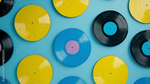 Colorful Vinyl Records Flat Lay on Light Blue Background