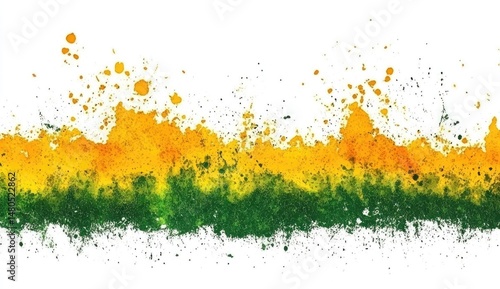 Abstract painting, vibrant yellow and green splatter effect on white background.  A horizontal band of bold, dynamic color explosions