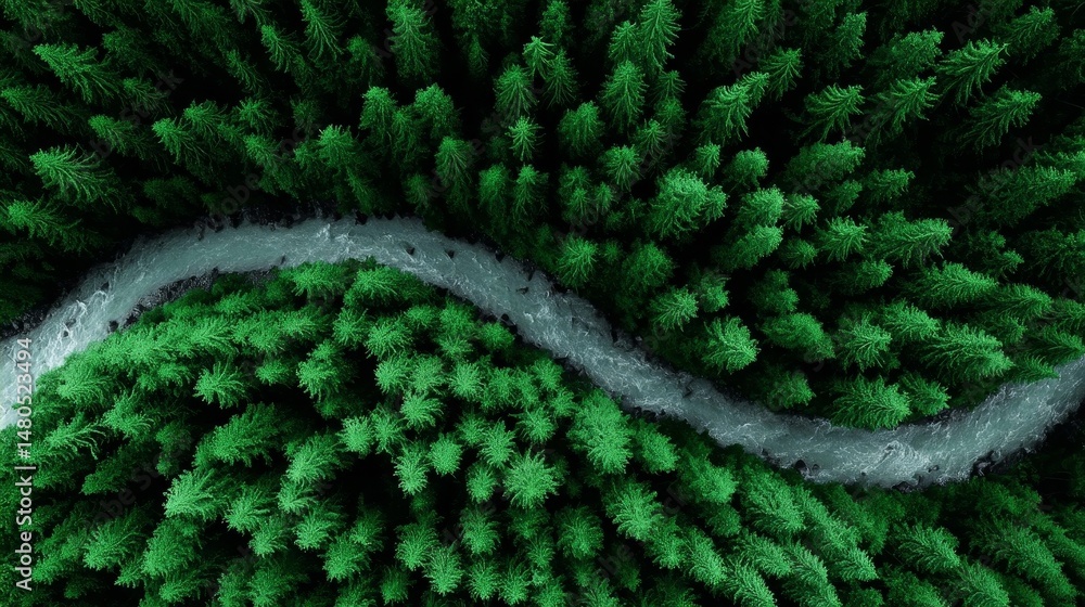 Obraz premium Aerial View of Winding River Through Lush Forest - Serene aerial shot of a winding river flowing through a dense evergreen forest. Perfect for nature, travel, or environmental themes