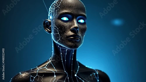 Glimpse of Tomorrow: A female humanoid with blue eyes and an intricat neural network extending beyond head neck and shoulders on a black background symbolizing advanced artificial intelligence