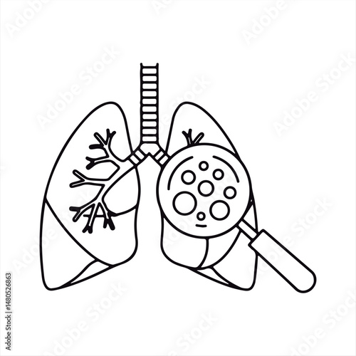 Lungs with Magnifying Glass - Medical Line Art Illustration.

