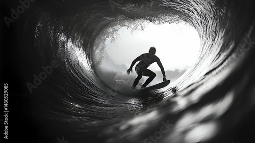 Silhouette of a surfer inside a powerful ocean wave.