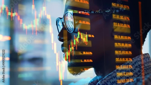 African man in eyeglasses looking at screen showing financial data and stock market charts